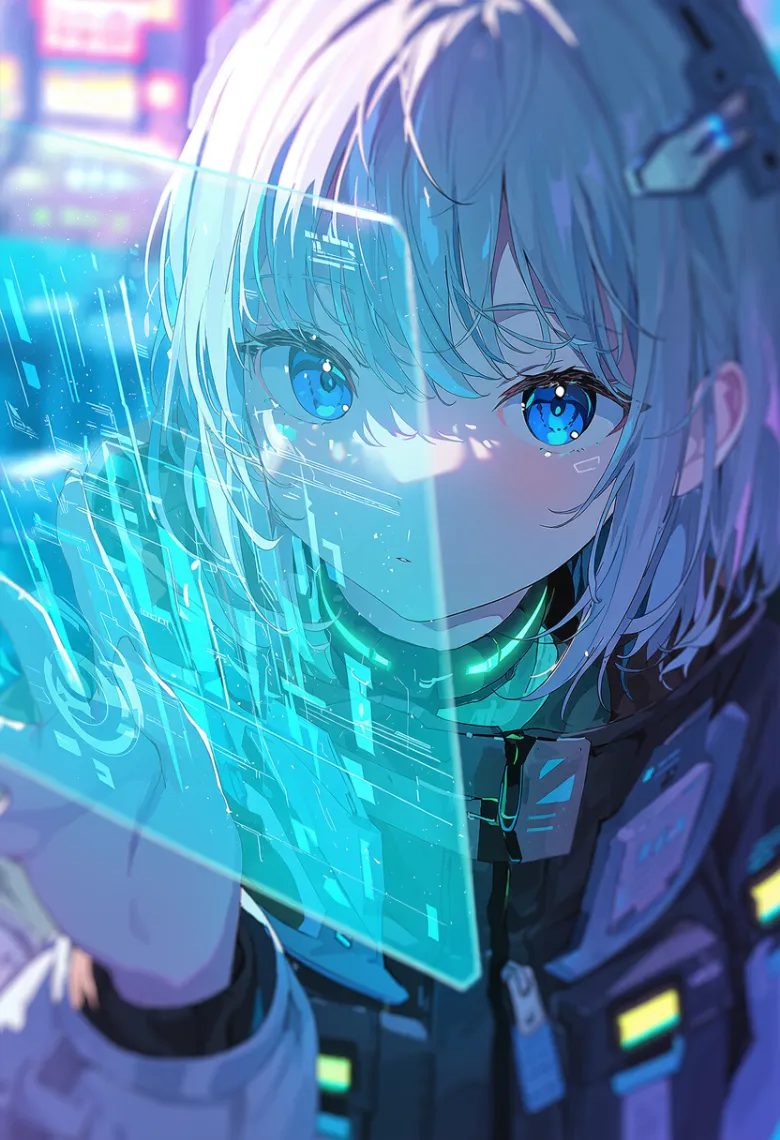 NovelAI V5で使える背景透過と透過表現を紹介する作例イラスト（サイバーパンクとホログラム表現）
