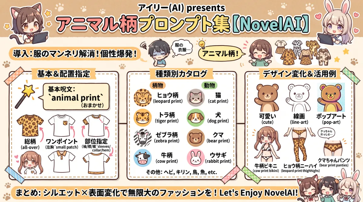 アニマル柄（動物柄）のプロンプト集【NovelAI】のまとめ用の図解イラスト（グラレコ）
