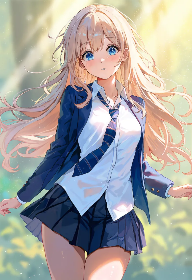 ブレザー制服のシャツを裾出しし、ネクタイを緩めた乱れ髪の女性を描いたAIイラスト