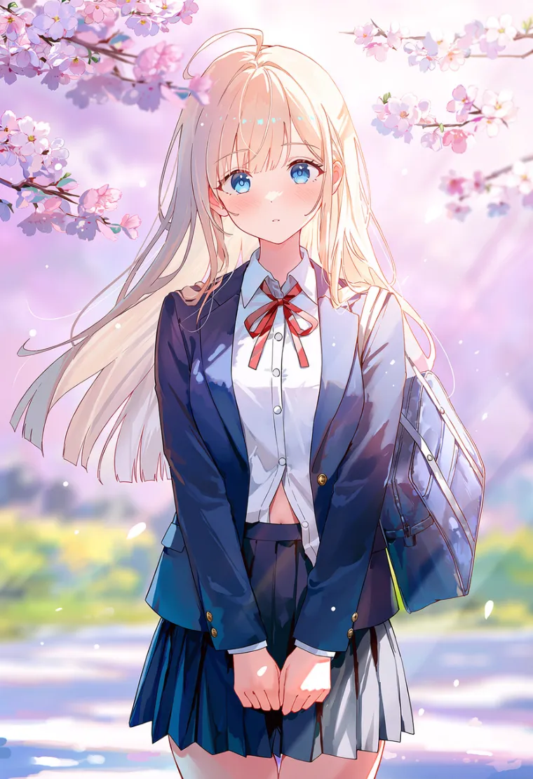ブレザー制服の白シャツを一部だけタックインし、おへそが少し見える女性を描いたAIイラスト