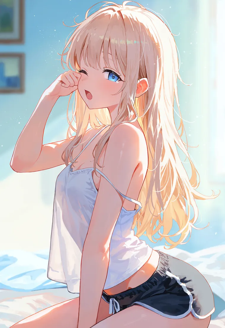 肩紐がずれたキャミソール姿で、あくびをしながら目をこする女性を描いたAIイラスト