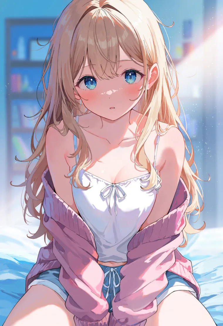カーディガンを肩からずらし、キャミソールとショートパンツを着た乱れ髪の女性のAIイラスト