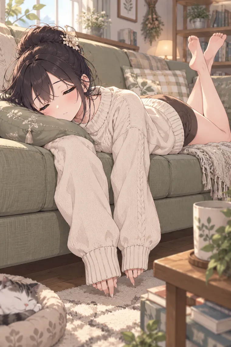 AIイラスト版｜ソファにうつ伏せで寝そべるポーズ｜椅子・ソファを使った女の子のポーズ