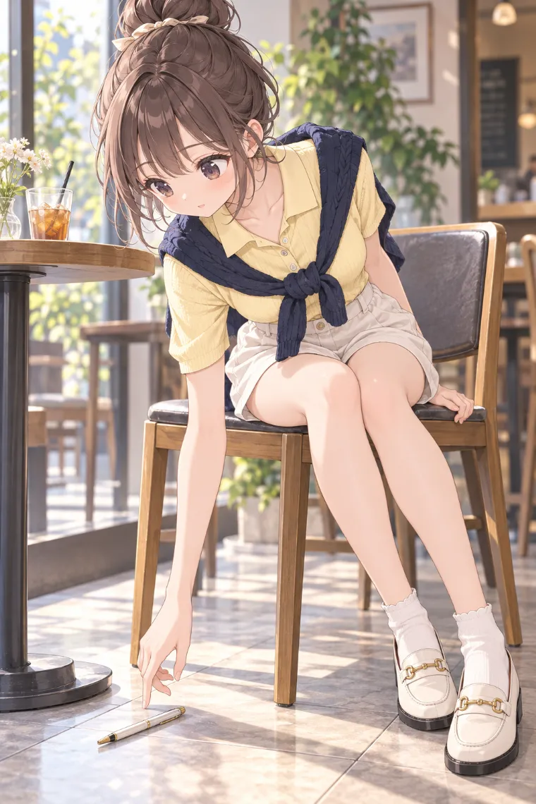 AIイラスト版｜落とし物へ手を伸ばす座りポーズ｜椅子・ソファを使った女の子のポーズ