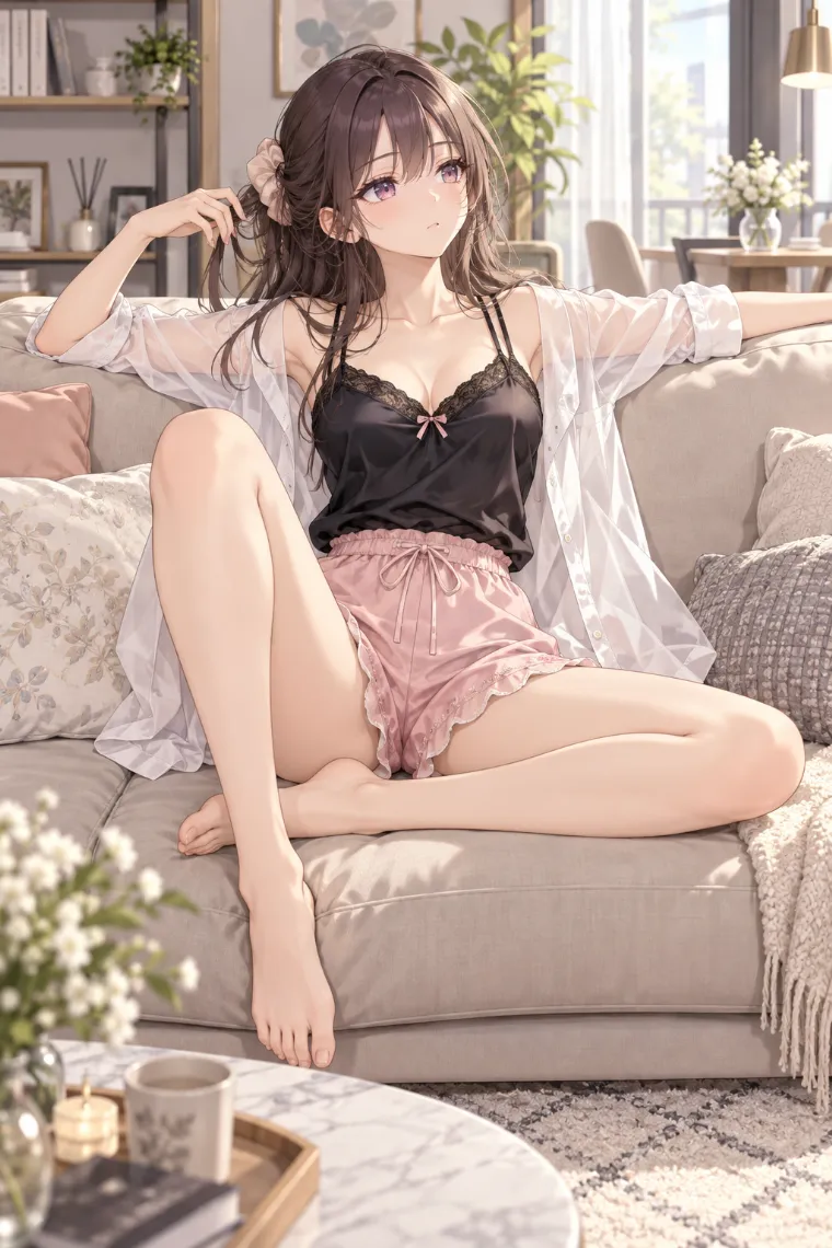 AIイラスト版｜ソファいっぱいに身体を広げるポーズ｜椅子・ソファを使った女の子のポーズ