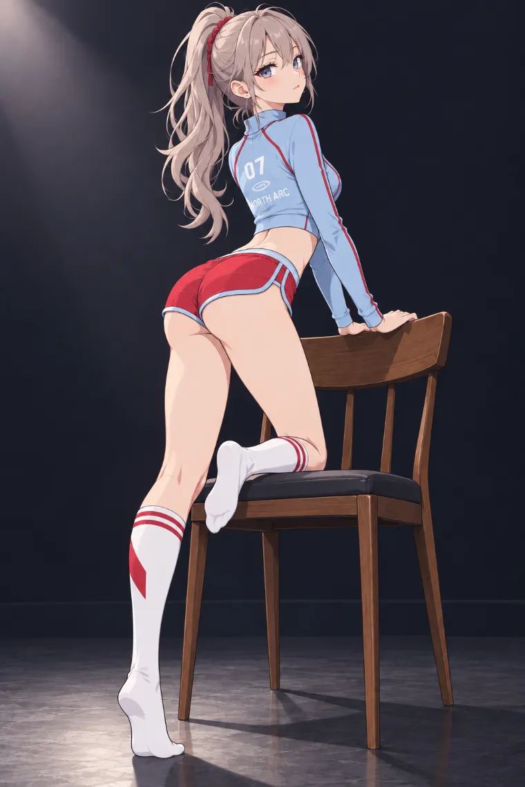 AIイラスト版｜片膝を椅子へ乗せて振り返るポーズ｜椅子・ソファを使った女の子のポーズ