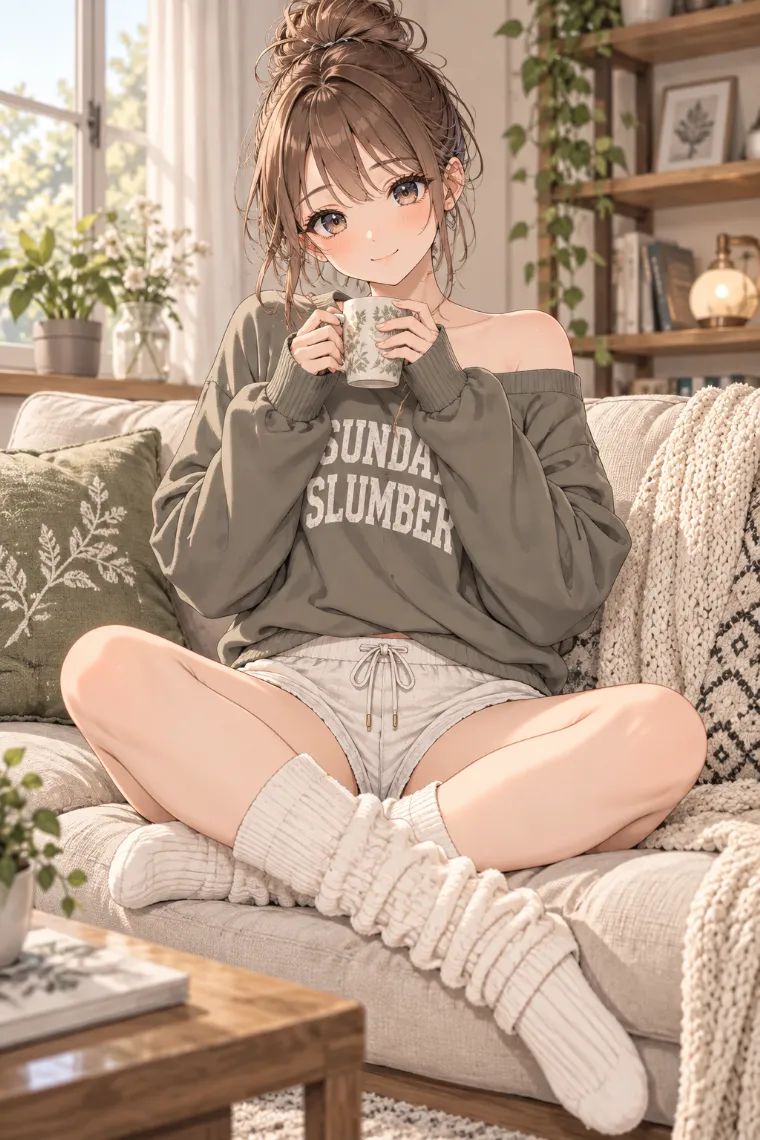 AIイラスト版｜マグを両手で持つソファ座り｜椅子・ソファを使った女の子のポーズ