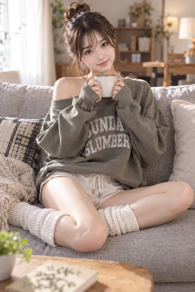 実写AI版｜マグを両手で持つソファ座り｜椅子・ソファを使った女の子のポーズ