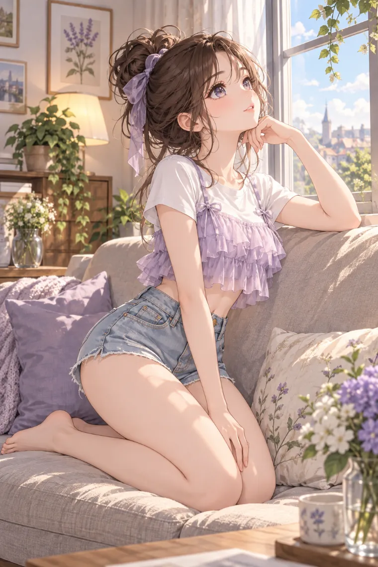 AIイラスト版｜ソファで膝立ちして窓を見るポーズ｜椅子・ソファを使った女の子のポーズ