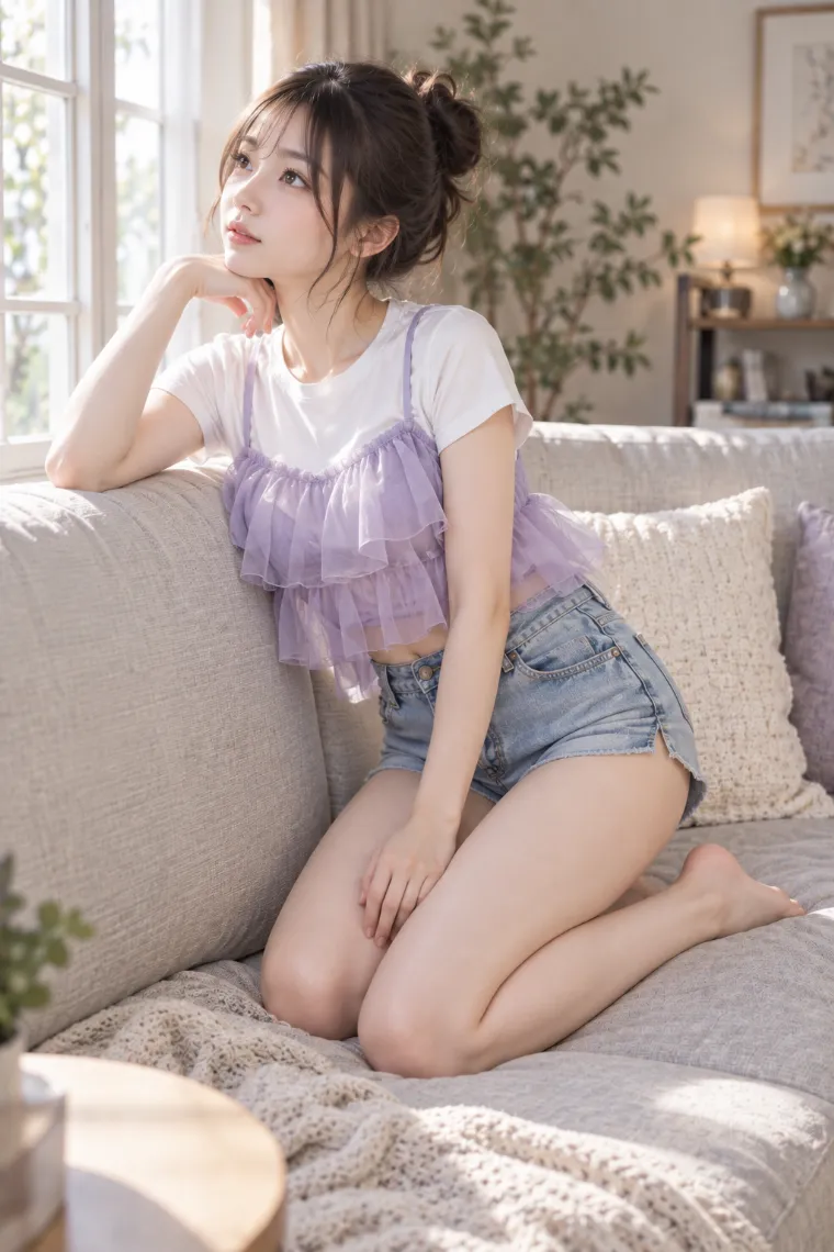 実写AI版｜ソファで膝立ちして窓を見るポーズ｜椅子・ソファを使った女の子のポーズ