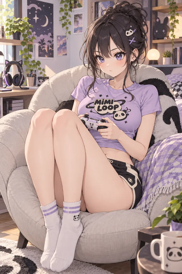 AIイラスト版｜両膝を上げてゲームをするポーズ｜椅子・ソファを使った女の子のポーズ