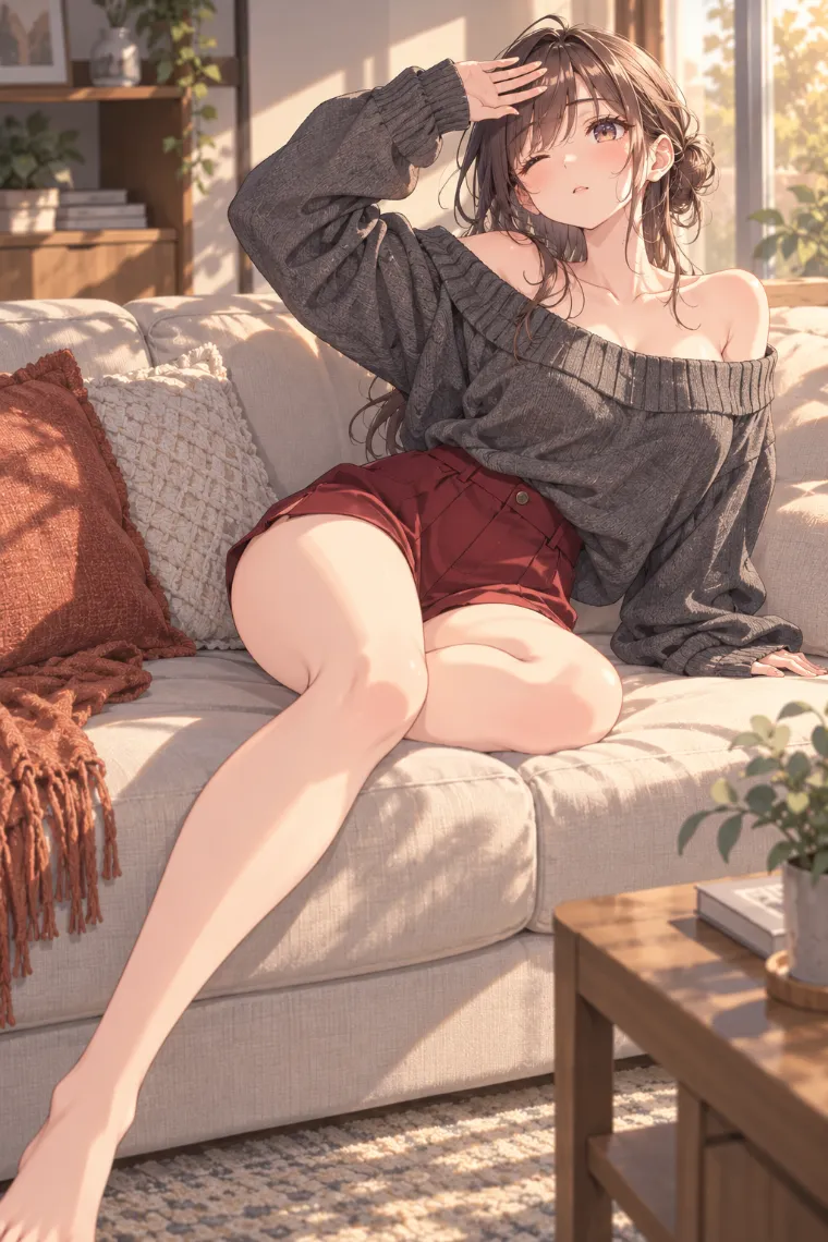 AIイラスト版｜ソファで日差しを手で遮るポーズ｜椅子・ソファを使った女の子のポーズ