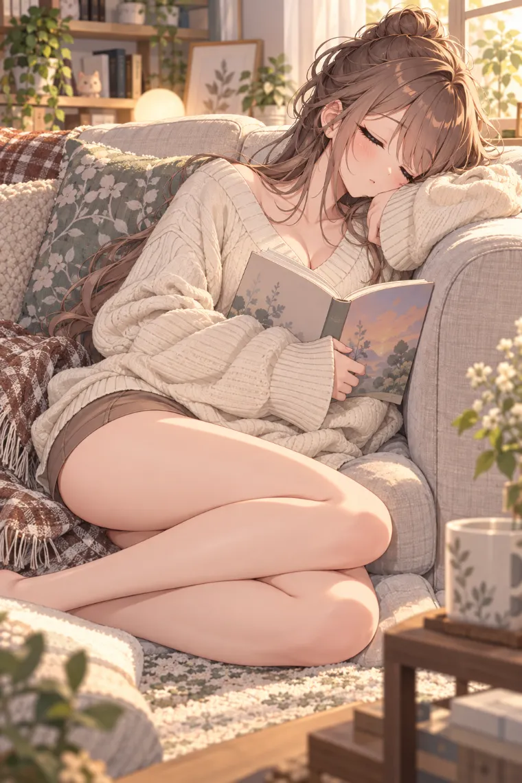 AIイラスト版｜本を持ったままソファで眠るポーズ｜椅子・ソファを使った女の子のポーズ