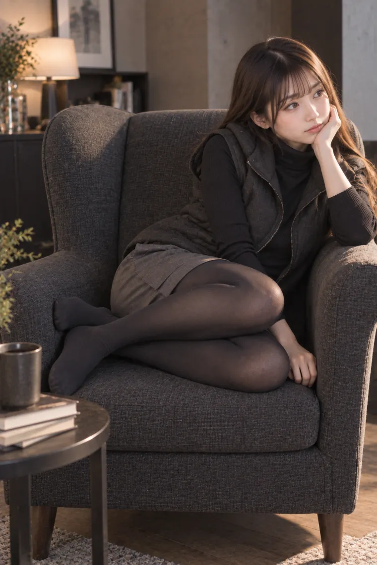 実写AI版｜アームチェアで横向きに丸まるポーズ｜椅子・ソファを使った女の子のポーズ