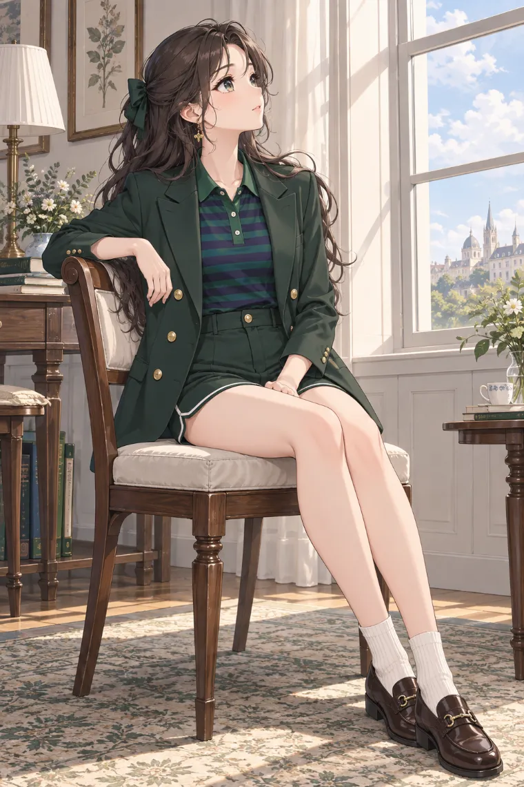 AIイラスト版｜椅子に横向きで座って上を見るポーズ｜椅子・ソファを使った女の子のポーズ