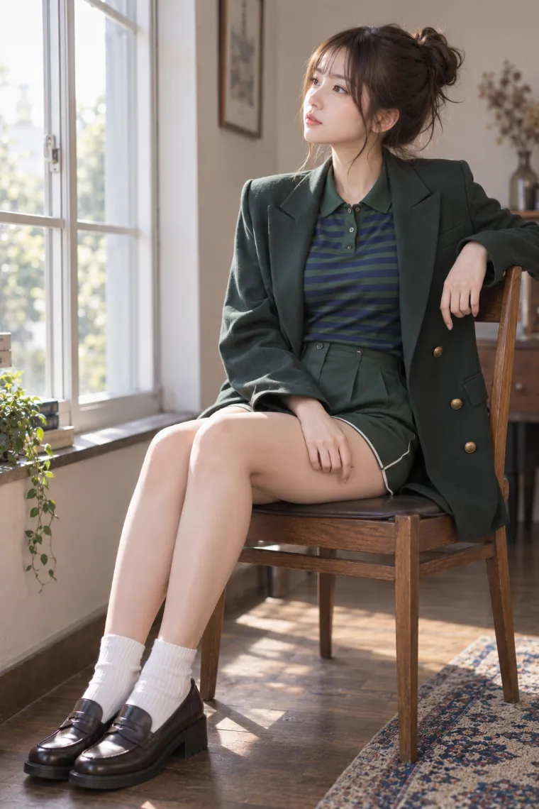 実写AI版｜椅子に横向きで座って上を見るポーズ｜椅子・ソファを使った女の子のポーズ