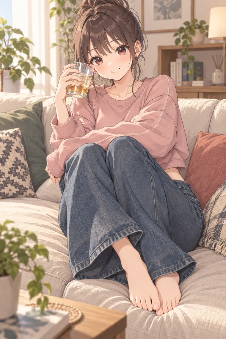 AIイラスト版｜両膝を抱えて飲み物を持つポーズ｜椅子・ソファを使った女の子のポーズ