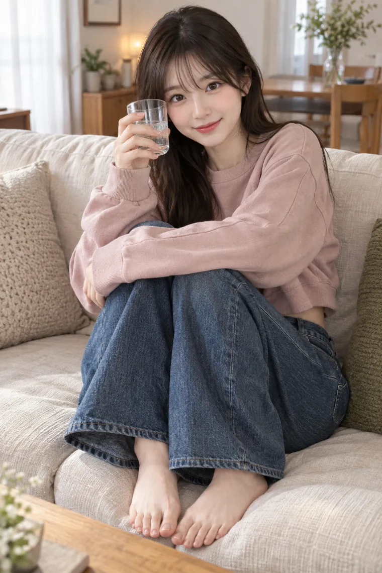 実写AI版｜両膝を抱えて飲み物を持つポーズ｜椅子・ソファを使った女の子のポーズ
