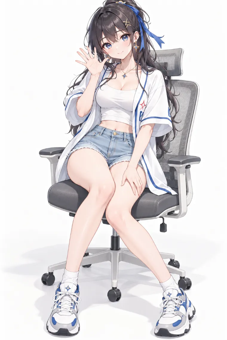 AIイラスト版｜オフィスチェアで顔横に手を添えるポーズ｜椅子・ソファを使った女の子のポーズ