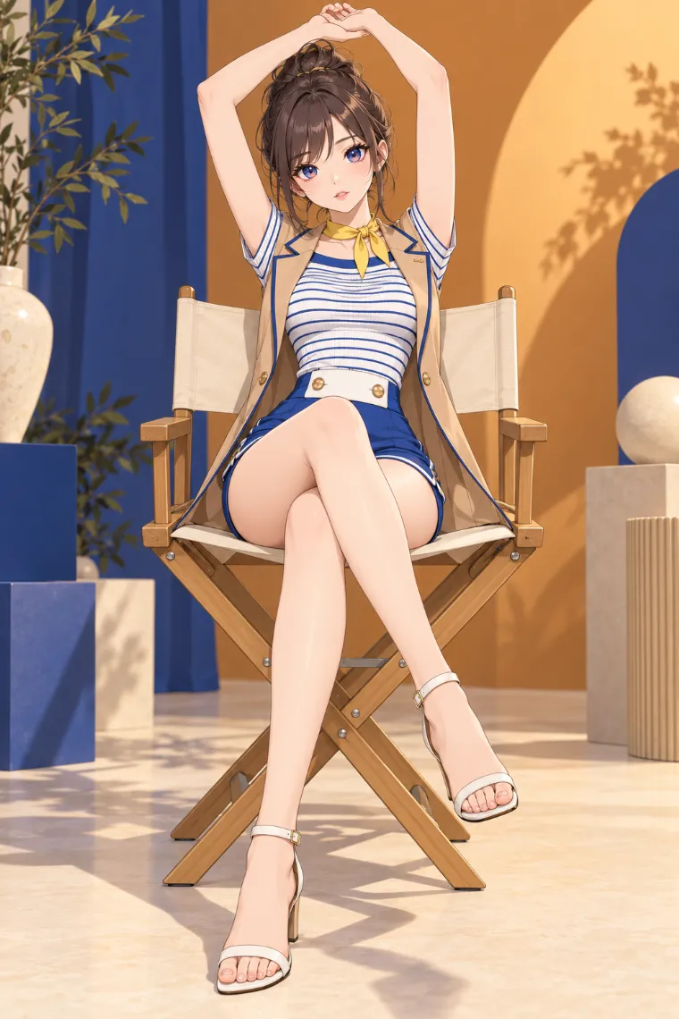 AIイラスト版｜両腕を頭上へ伸ばして座るポーズ｜椅子・ソファを使った女の子のポーズ