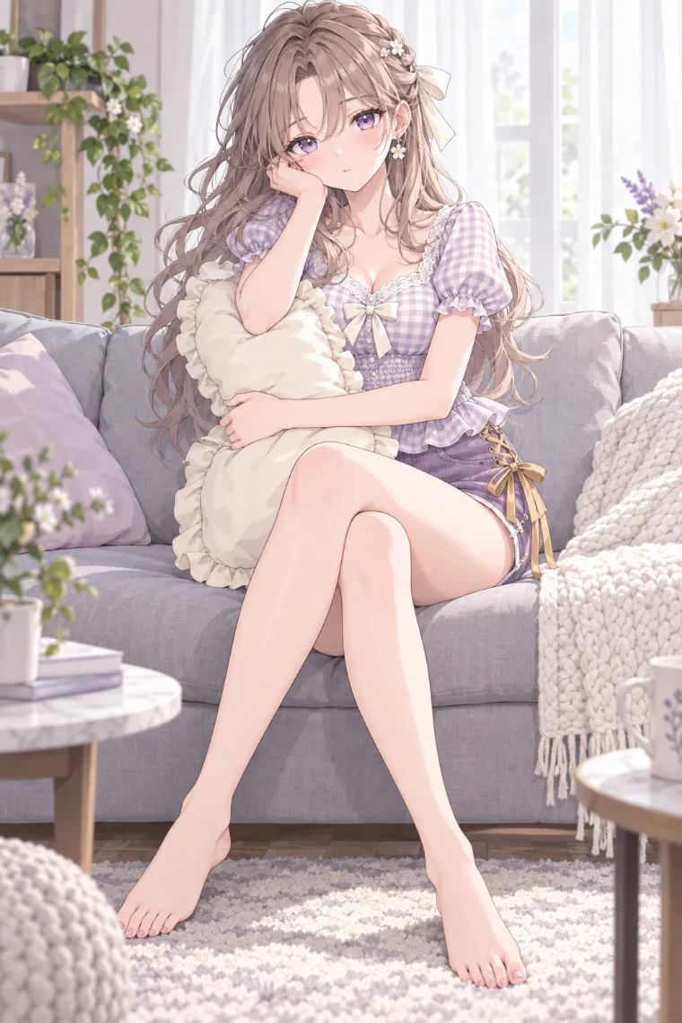 AIイラスト版｜クッションを抱えるソファ座り｜椅子・ソファを使った女の子のポーズ
