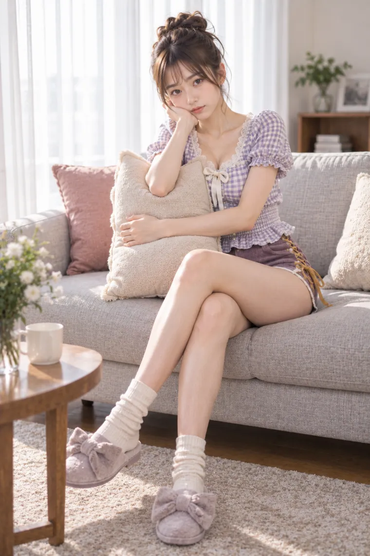 実写AI版｜クッションを抱えるソファ座り｜椅子・ソファを使った女の子のポーズ