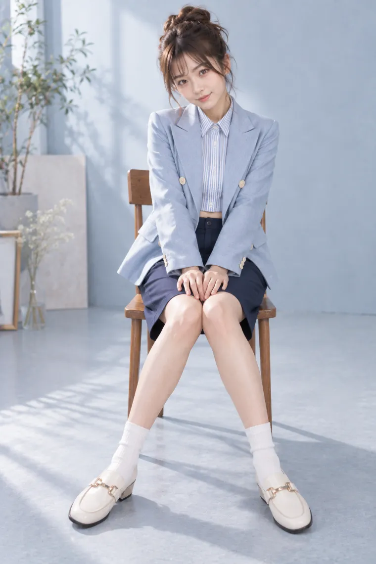 実写AI版｜膝を揃えた内股座り｜椅子・ソファを使った女の子のポーズ