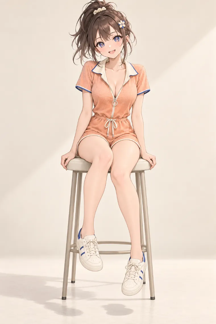 AIイラスト版｜高い椅子で両脚をぶら下げるポーズ｜椅子・ソファを使った女の子のポーズ