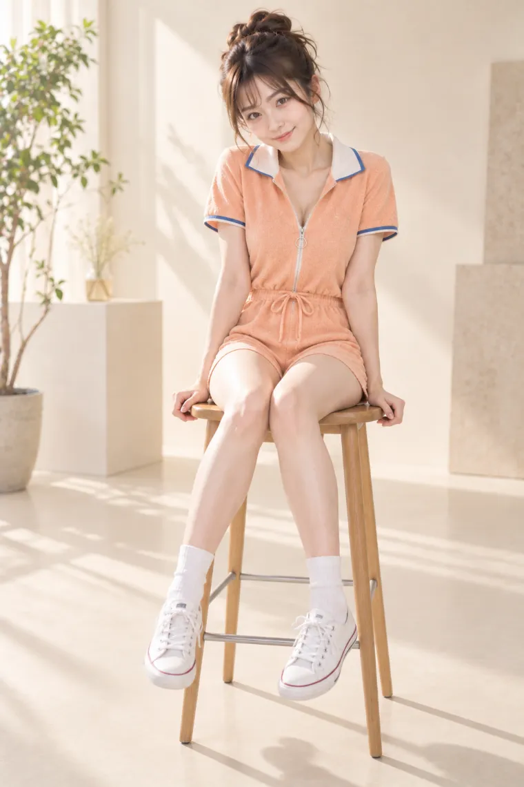 実写AI版｜高い椅子で両脚をぶら下げるポーズ｜椅子・ソファを使った女の子のポーズ