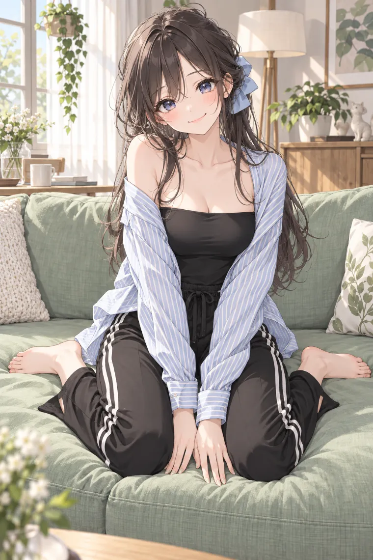AIイラスト版｜ソファ上のW座り｜椅子・ソファを使った女の子のポーズ