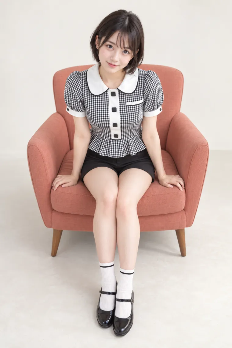 実写AI版｜座面へ両手を置く前傾ポーズ｜椅子・ソファを使った女の子のポーズ