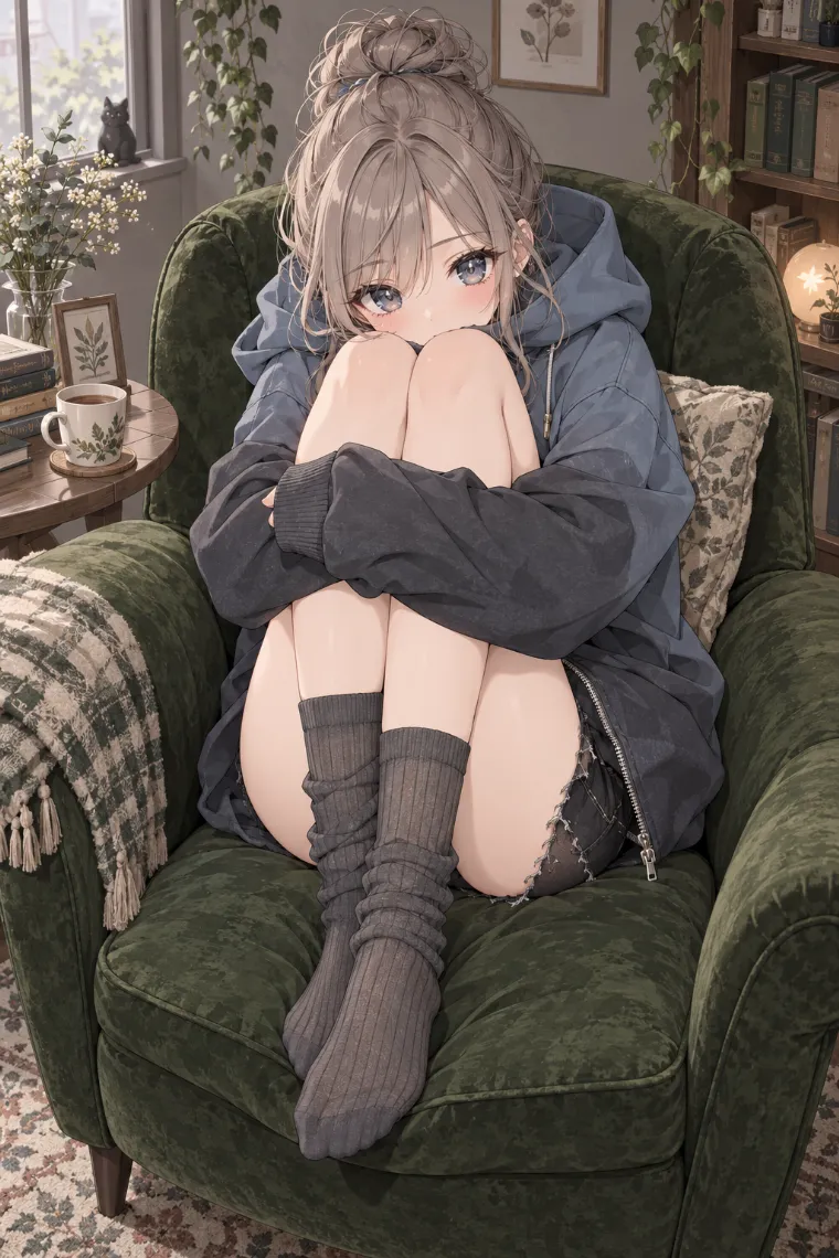 AIイラスト版｜両膝を抱えて顔を寄せるポーズ｜椅子・ソファを使った女の子のポーズ