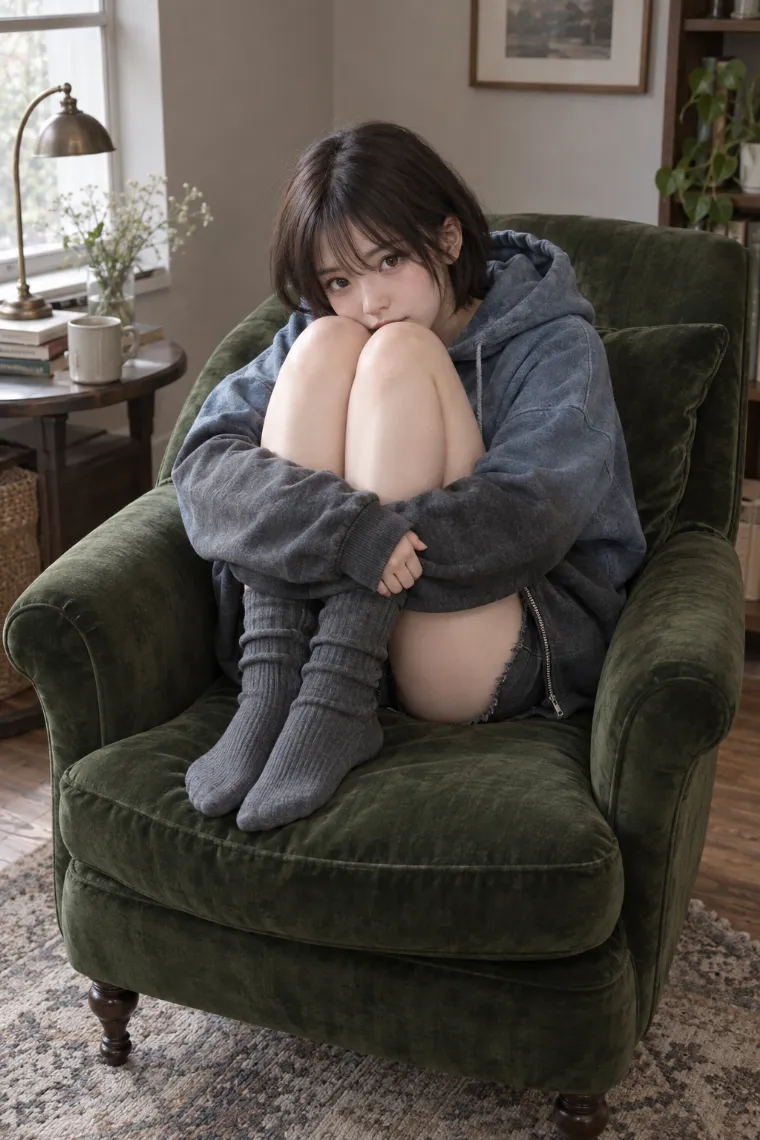 実写AI版｜両膝を抱えて顔を寄せるポーズ｜椅子・ソファを使った女の子のポーズ