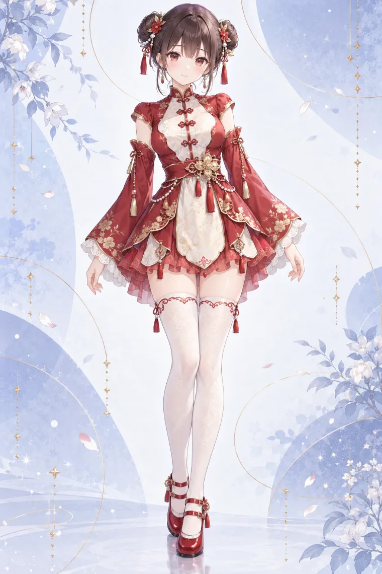 AIイラスト版｜赤とアイボリーのチャイナ風ミニワンピにニーハイと赤いメリージェーンを合わせた中華ロリータ