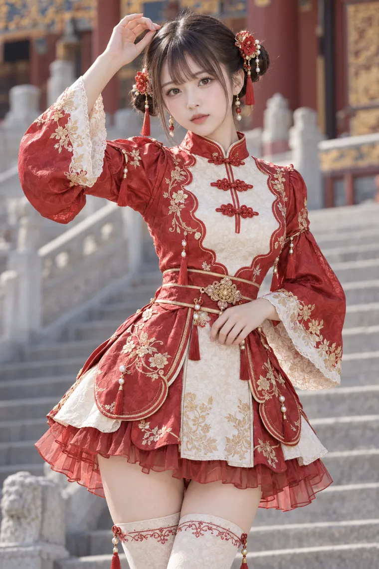 実写AI版｜赤とアイボリーのチャイナ風ミニワンピにニーハイと赤いメリージェーンを合わせた中華ロリータ