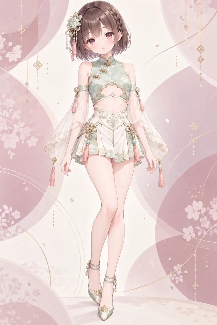 AIイラスト版｜翡翠色のチャイナ風トップスとアイボリーのスカパンにパンプスを合わせた中華ロリータ