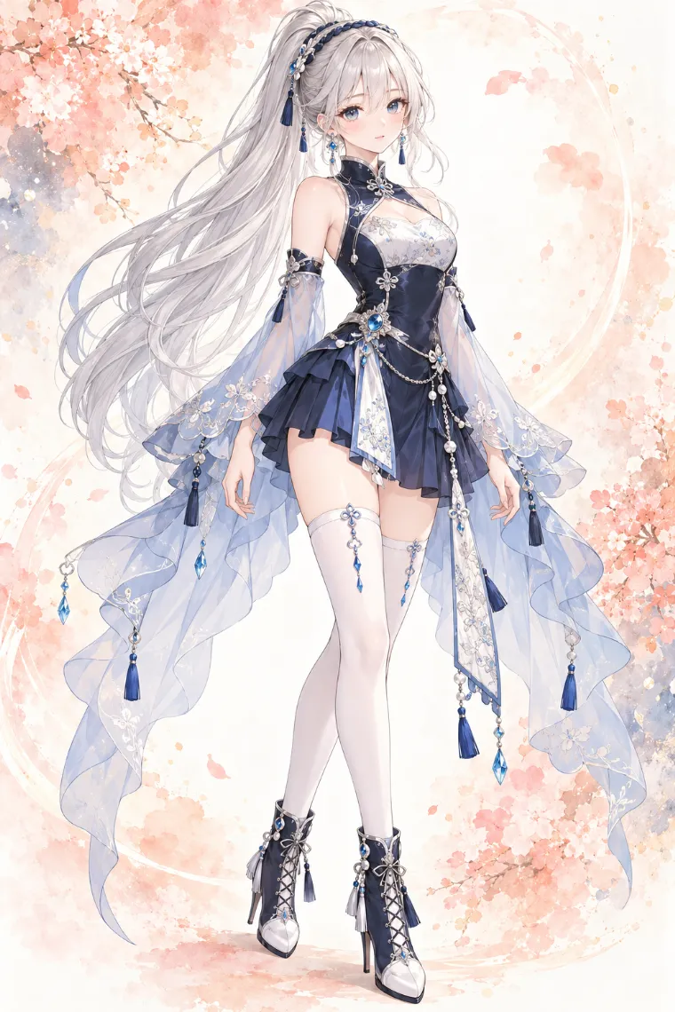 AIイラスト版｜ネイビーのチャイナ風ミニドレスに白ニーハイと編み上げブーツを合わせた中華ロリータ