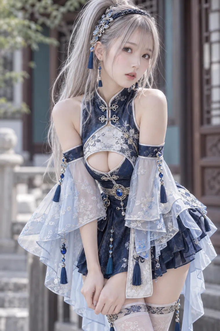実写AI版｜ネイビーのチャイナ風ミニドレスに白ニーハイと編み上げブーツを合わせた中華ロリータ