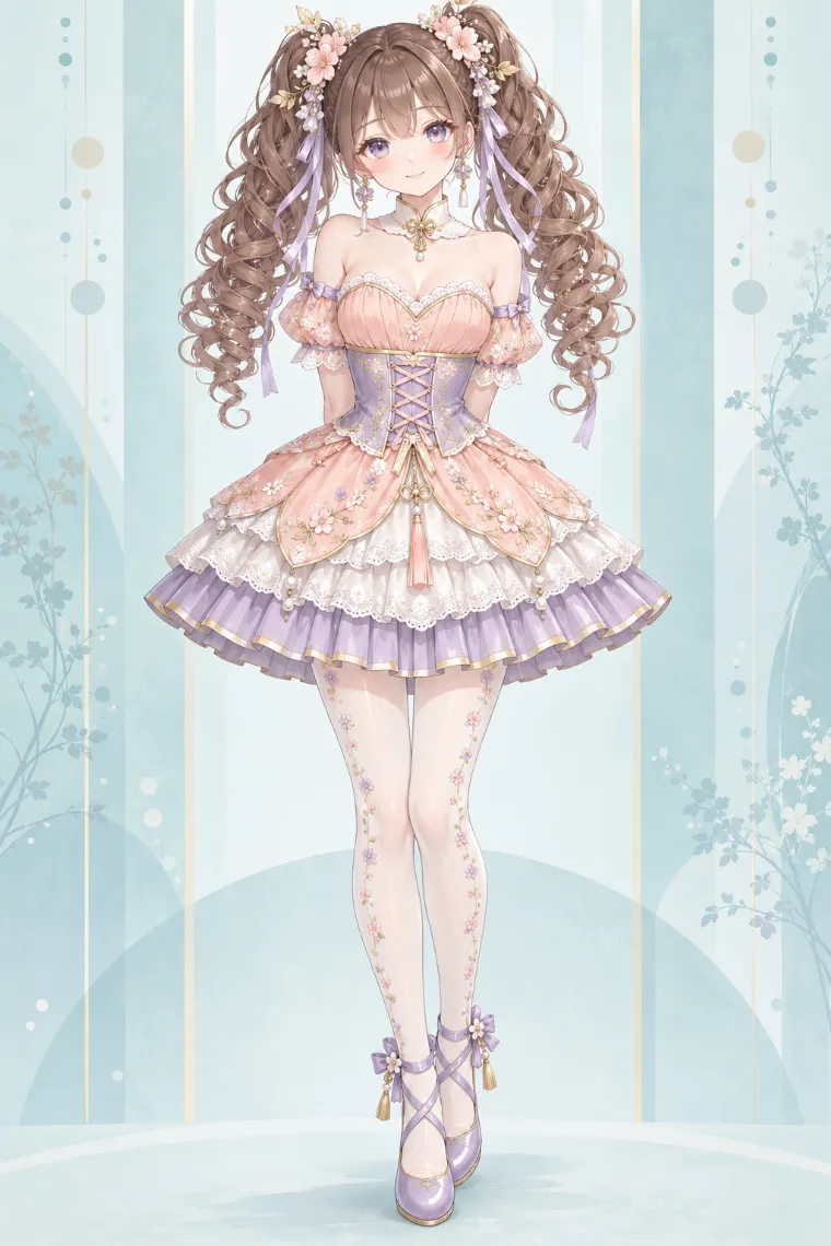 AIイラスト版｜ピーチとラベンダーのオフショルミニワンピに花柄タイツを合わせた中華ロリータ
