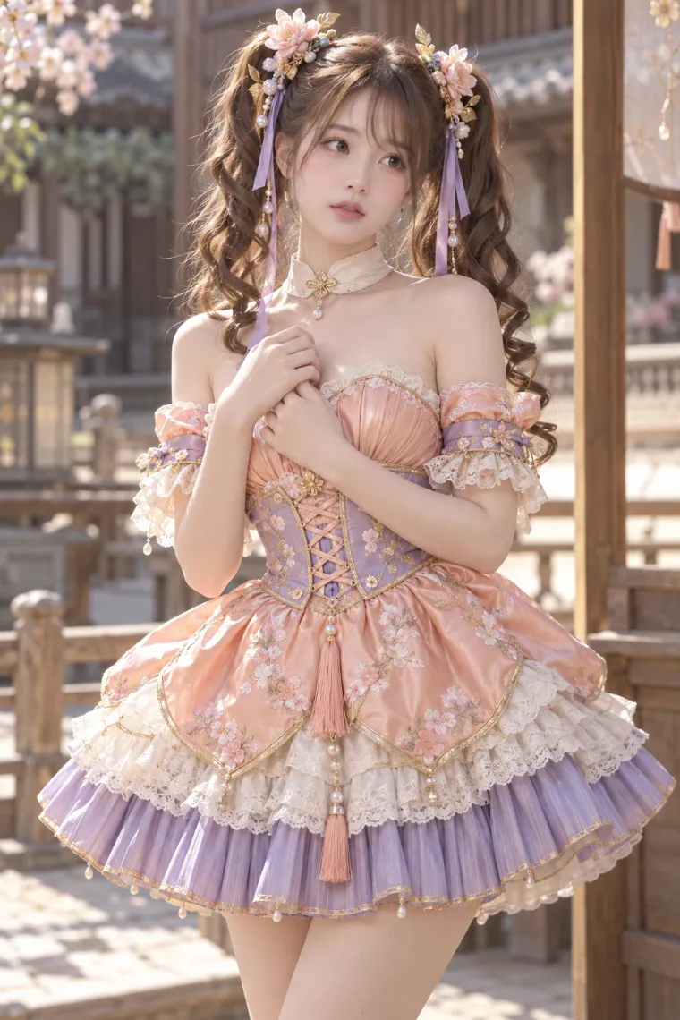 実写AI版｜ピーチとラベンダーのオフショルミニワンピに花柄タイツを合わせた中華ロリータ