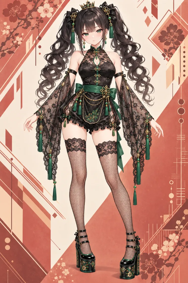 AIイラスト版｜黒とグリーンのチャイナ風ロンパースに網ニーハイと厚底メリージェーンを合わせた中華ロリータ