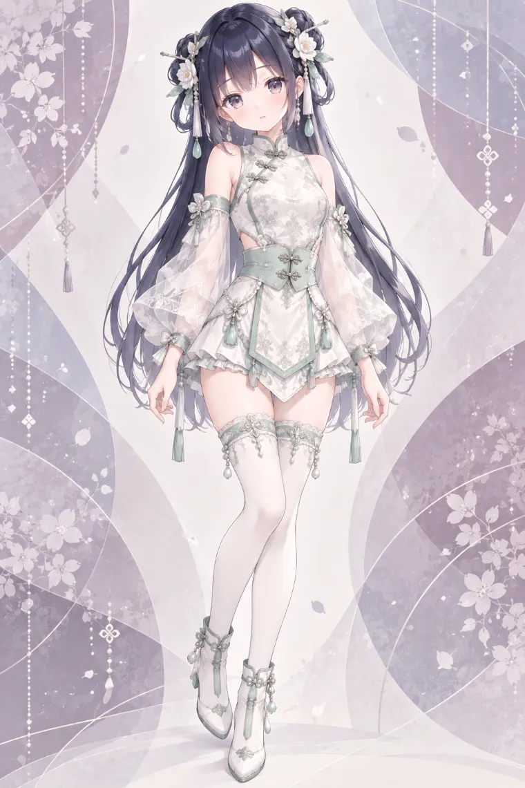 AIイラスト版｜白と翡翠色のチャイナ風ロンパースに白ニーハイとアンクルブーツを合わせた中華ロリータ