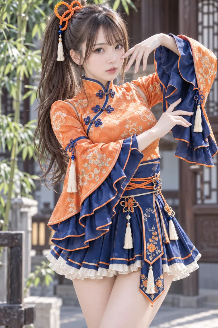 実写AI版｜オレンジのチャイナ風トップスとブルーのミニスカートに片脚ニーハイを合わせた中華ロリータ