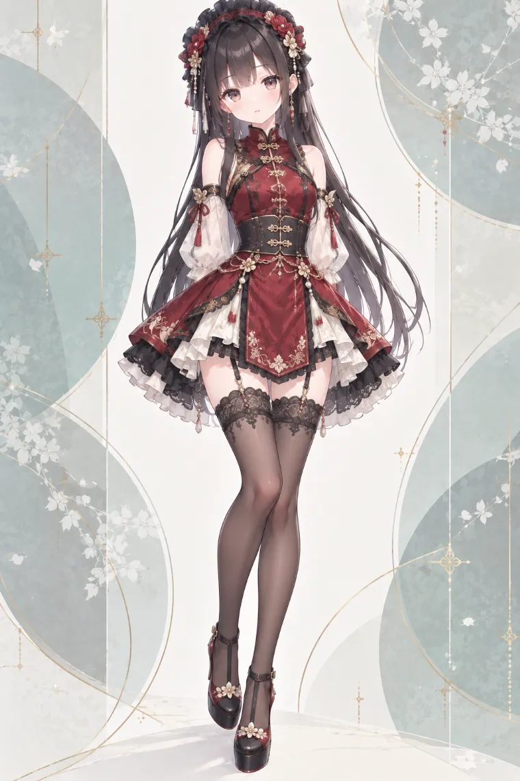 AIイラスト版｜深紅と黒のチャイナ風ミニドレスに黒タイツとTストラップ厚底靴を合わせた中華ロリータ