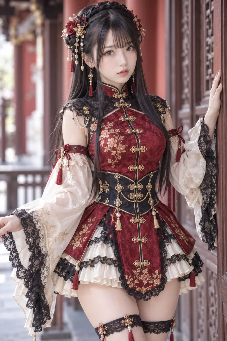 実写AI版｜深紅と黒のチャイナ風ミニドレスに黒タイツとTストラップ厚底靴を合わせた中華ロリータ