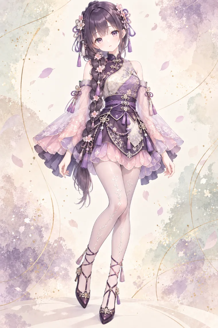 AIイラスト版｜パープル系のチャイナ風ミニドレスに薄ラベンダーのタイツとストラップパンプスを合わせた中華ロリータ