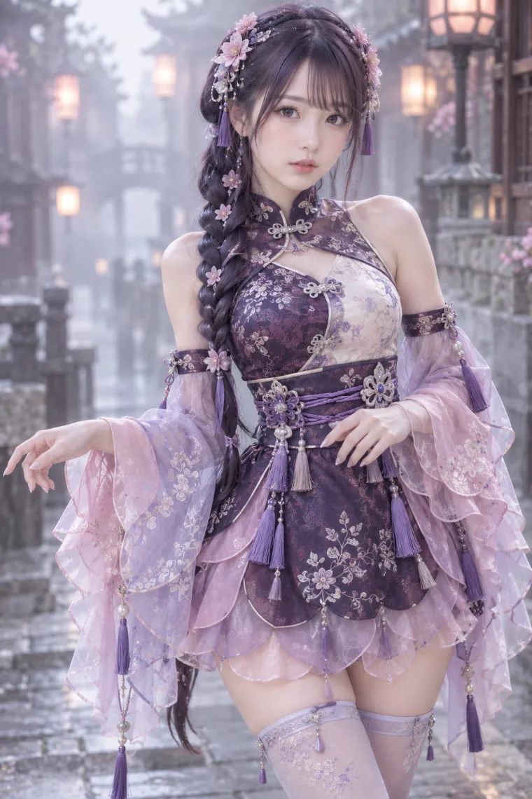 実写AI版｜パープル系のチャイナ風ミニドレスに薄ラベンダーのタイツとストラップパンプスを合わせた中華ロリータ