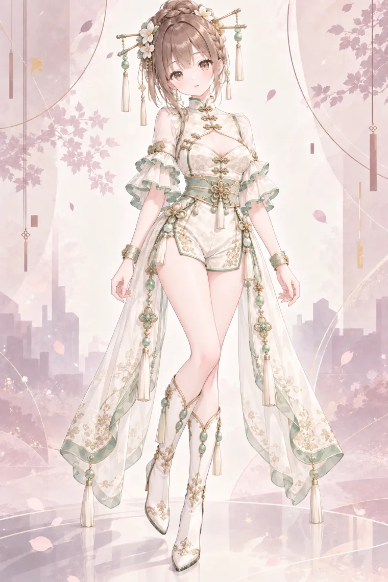 AIイラスト版｜アイボリーのチャイナ風ロンパースに透け感のあるロングパネルとロングブーツを合わせた中華ロリータ