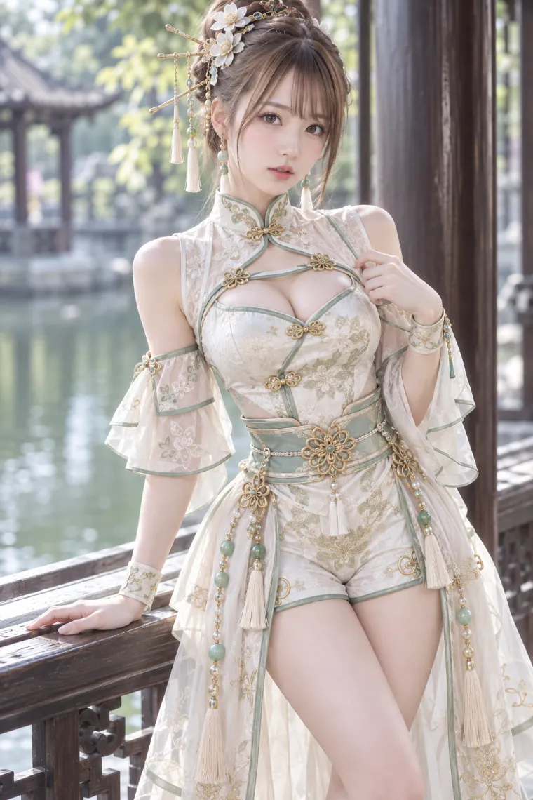 実写AI版｜アイボリーのチャイナ風ロンパースに透け感のあるロングパネルとロングブーツを合わせた中華ロリータ