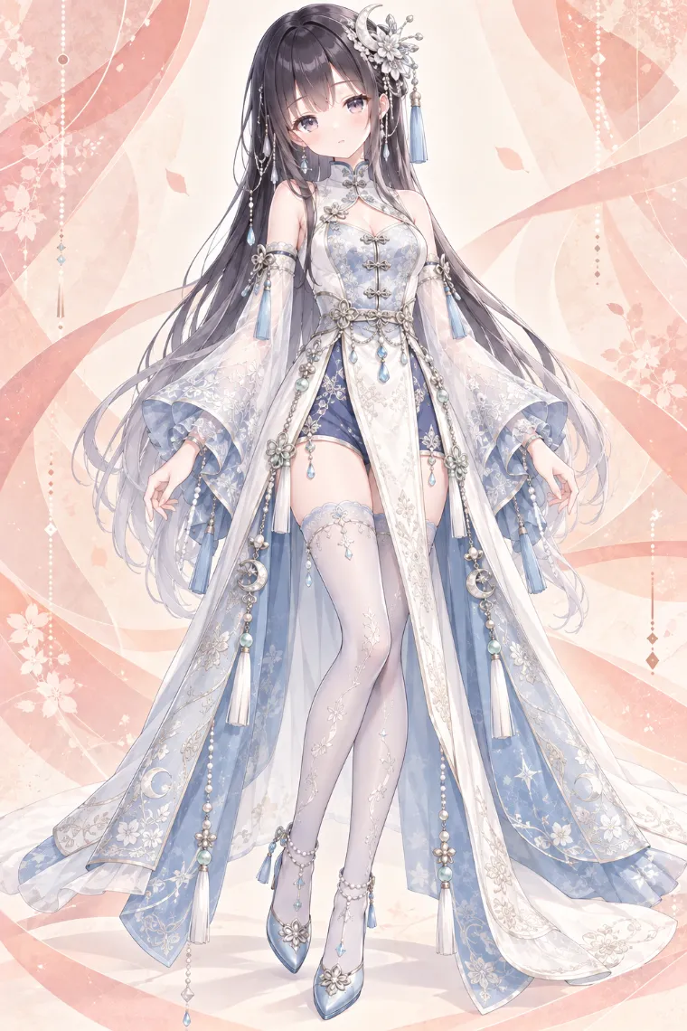 AIイラスト版｜白と淡いブルーのロングチャイナドレスに薄青タイツとパンプスを合わせた中華ロリータ